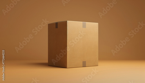 Single brown cardboard box on a plain beige background, minimalist packaging concept © JERSH