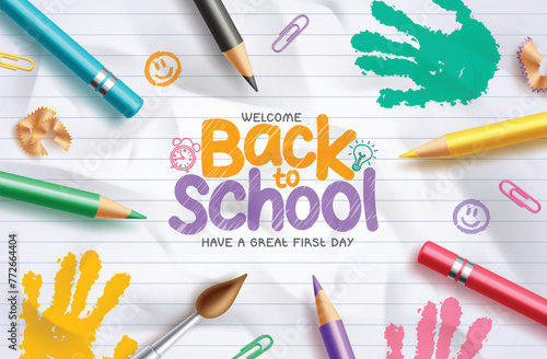 Back to school text vector background design. Welcome back to school greeting with colorful color pencil elements and students hand print pattern in paper background. Vector illustration school 