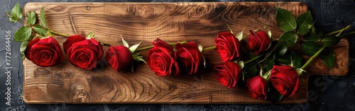 Romantic Red Roses on Rustic Wooden Board for Love and Valentine s Day Decorations