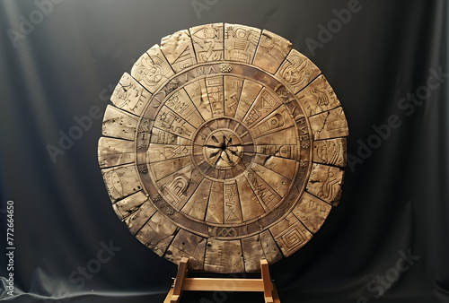 A large wooden Aztec calendar with an ancient sigil, representing the rich cultural heritage and intricate design of the Aztec civilization. photo