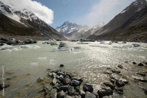 Hooker lake with glaciers and Mount Cook on hooker valley track in New Zealand