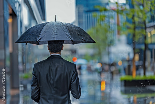 Captivating Rear View of a Businessman Walking with an Umbrella on a Rainy Day in the Business District: Elevate Your Professional Visual Content