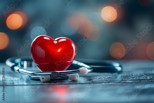 Stethoscope and red heart on medical background, hospital life insurance concept, world heart health day, world hypertension day