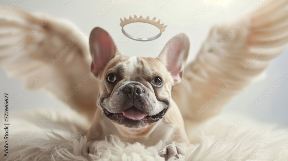 French Bulldog with angel wings and halo above head - A cute French Bulldog lies on a fluffy surface with angel wings and a halo above, expressing joy and playfulness