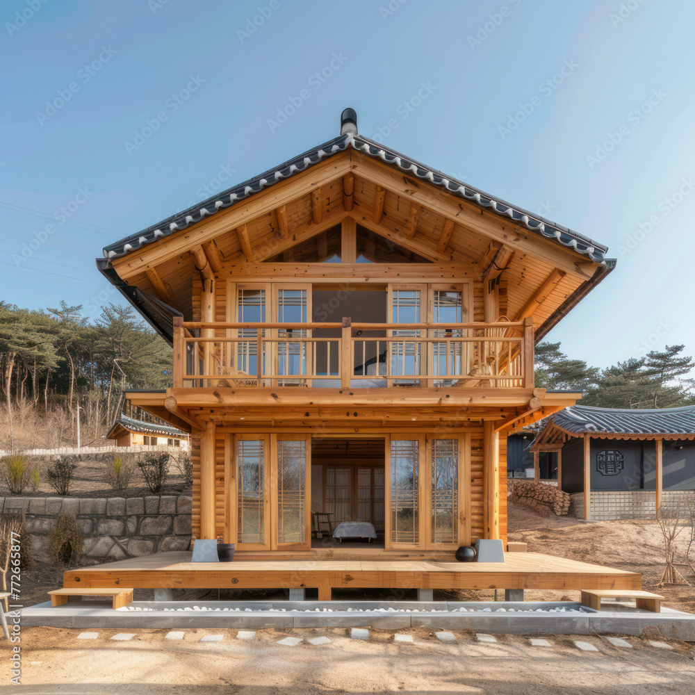 Tiny two floor timber frame house with single front doors and terrace with south korean theme design Tiny two floor timber frame house with single front doors and terrace with south korean theme design