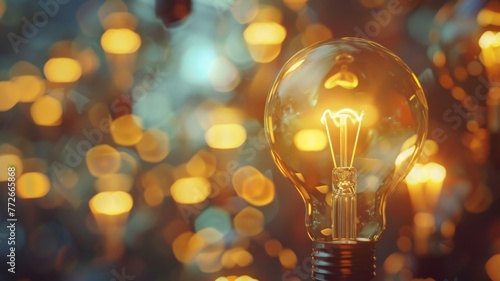 Golden light bulb against bokeh background - Warm illuminated light bulb glowing softly against an abstract bokeh background, representing idea generation