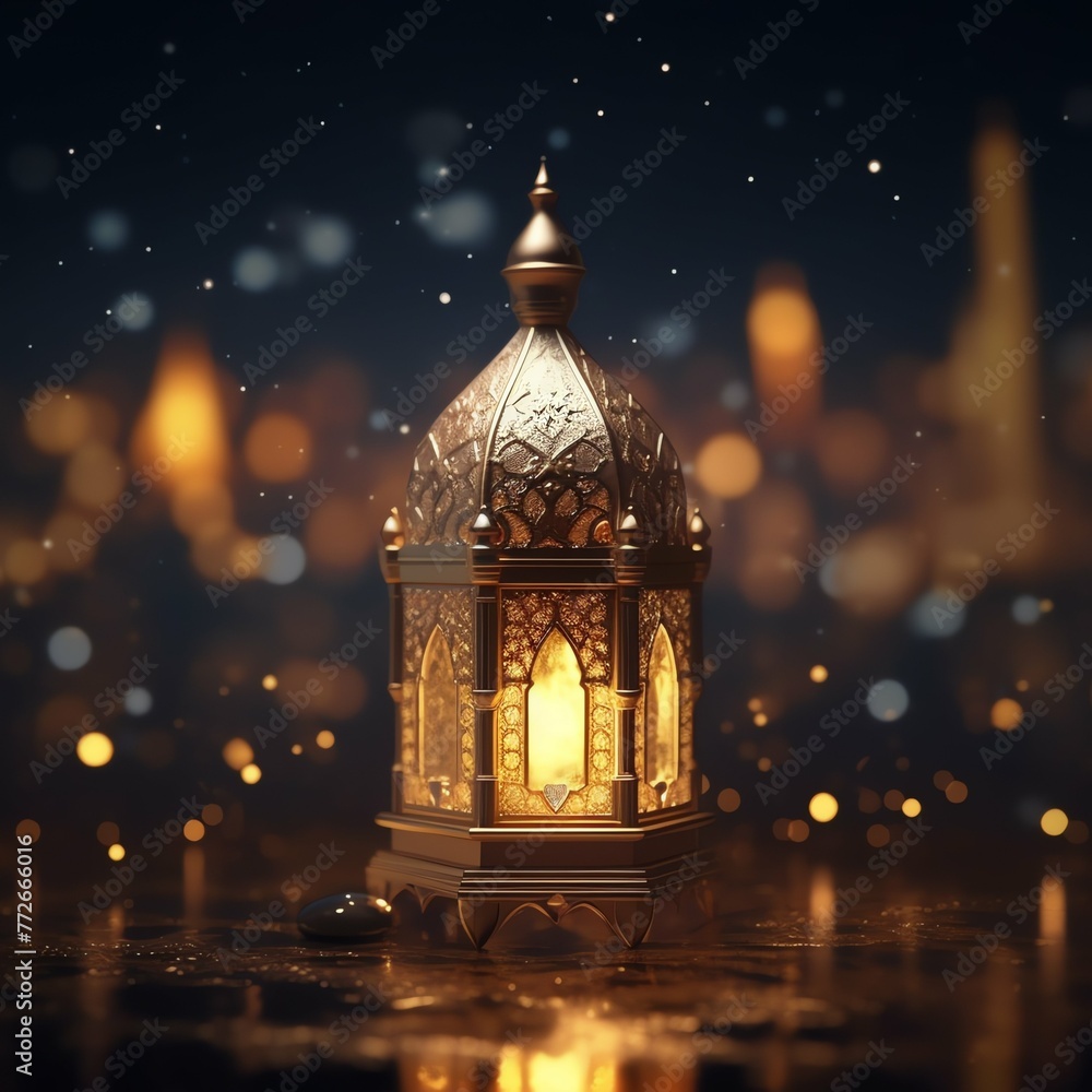 Obraz premium Eid mubarak and ramadan kareem greetings with islamic lantern and mosque. Eid al fitr background