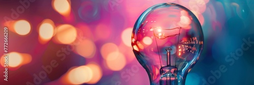 Illuminated lightbulb with colorful bokeh - A vibrant image capturing a single lightbulb's filament against a blur of multicolored lights reflecting ideas and energy
