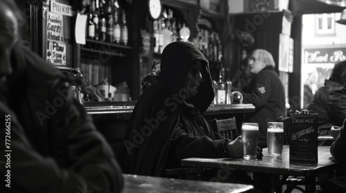 In the far corner a cloaked figure sits alone hood pulled low as they quietly sip ale and listen to the lively conversations . .