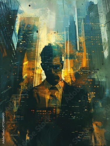 Abstract silhouette of man against cityscape - A silhouette of a man merges with a vibrant, abstract cityscape, conveying a concept of urban life and business
