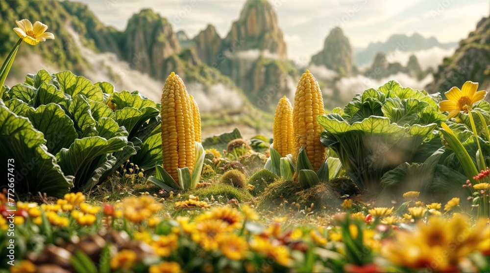 Sunny meadow with yellow corn cobs and yellow flowers.