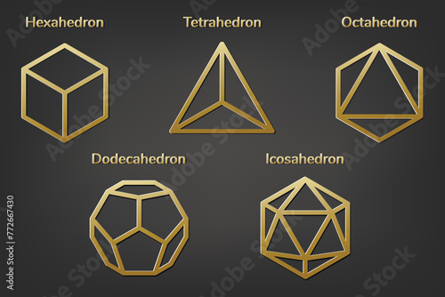 Platonic solids on a black background. Tetrahedron. Hexahedron. Octahedron. Icosahedron. Dodecahedron. Faces. Edges. Vertices. Vector illustration.