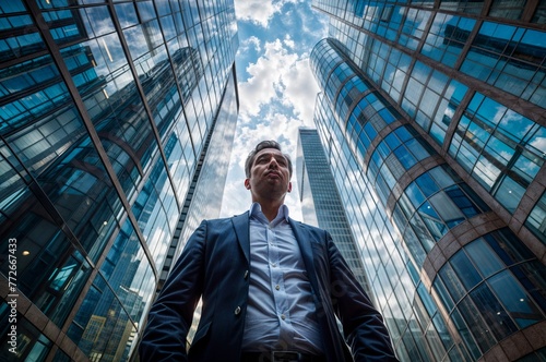Businessman in suit looking up in front of modern skyscrapers