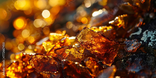 Natural amber texture abstract background. Macro amber. Dark yellow amber stones. Bright warm orange and yellow gold colors in fiery textured autumn background color Beautiful colored pieces of amber © Konstantin