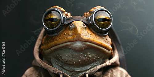A toad wearing a hoodie and goggles with a leash dark background The Tale of the Toad in a Hoodie and Goggles, Tethered in Darkness
