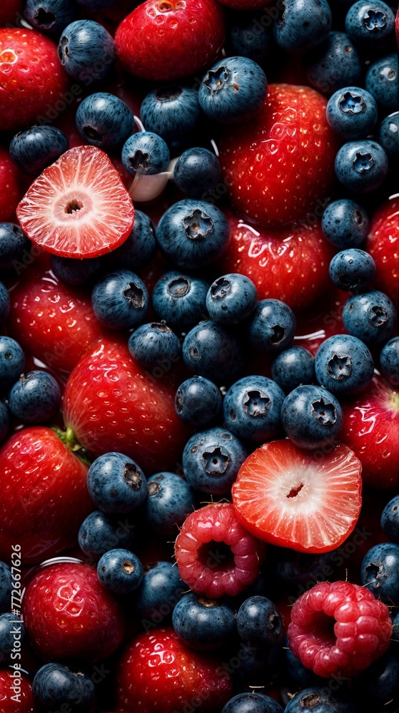 Fresh blueberries, strawberries and raspberries as background. Top view. Fresh blueberries, strawberries and raspberries as background. Top view.