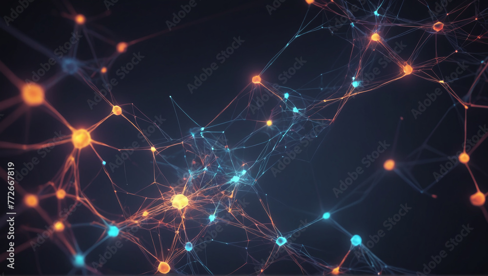 Vibrant abstract network of lights offering a futuristic feel. Abstract neural network concept with glowing nodes and connections detailed - obrazy, fototapety, plakaty 