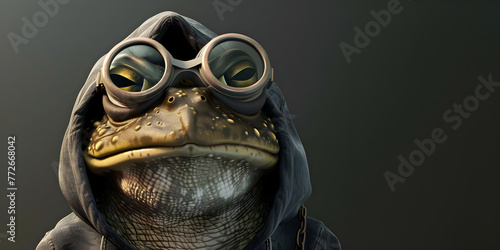  A frog wearing a steampunk hat and goggles on gray background Charming tiny frog with stylish glasses in front of a professional studio backdrop