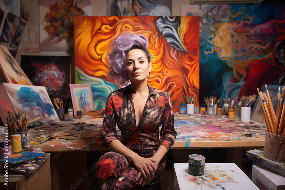 Artist in Her Studio Surrounded by Vivid Paintings