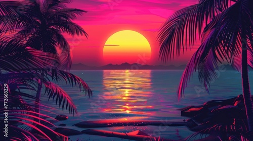 A beautiful sunset over the ocean with palm trees in the background  neon style..