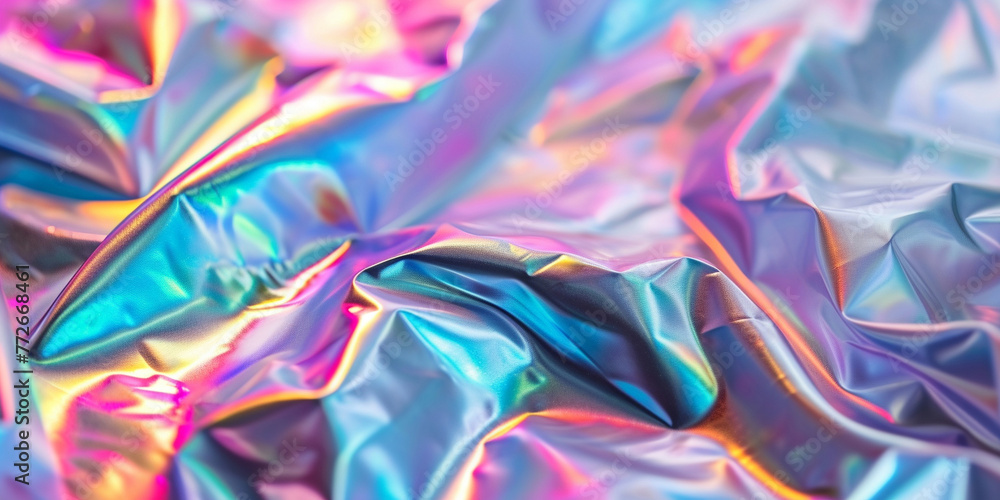 Fototapeta premium Holographic gradient neon texture. Trendy texture with polarization effect, colorful neon holographic stains. Abstract background in psychedelic Vaporwave style like in old retro tie-dye design of 70s