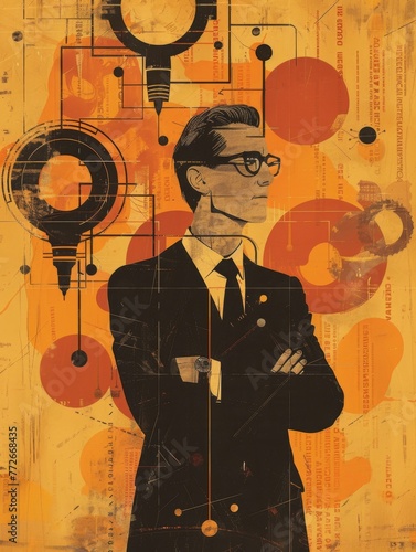 Man in suit with abstract technology background - A suited man stands before a backdrop of vintage tech and diagrams, evoking innovation