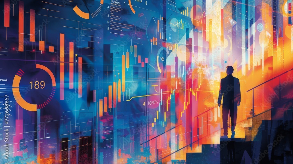 Silhouette of a man facing digital graphs - A silhouette of a business person standing before a vibrant background of digital charts and stock market analytics - obrazy, fototapety, plakaty 