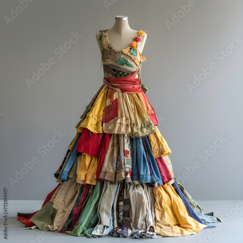 The image shows a dress made from discarded clothes, highlighting the issue of fast fashion pollution and the need for sustainable and ethical fashion choices.