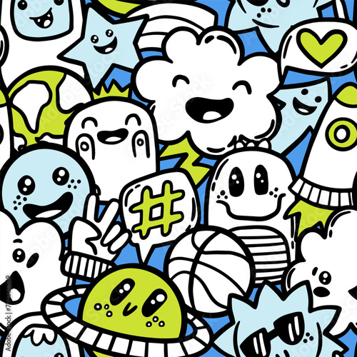 Doodle seamless pattern with cool monsters on blue and green color. Bright background for little kids boy