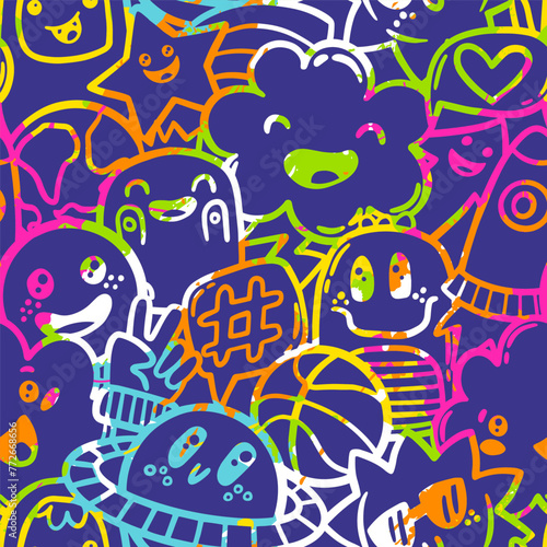 Doodle seamless pattern with cool monsters on violet background. Neon Print for kids