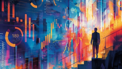 Silhouette of a man facing digital graphs - A silhouette of a business person standing before a vibrant background of digital charts and stock market analytics photo