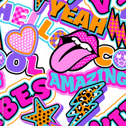 Abstract seamless chaotic pattern with retro elements, words, heart, lips, stickers. Funny texture background. Wallpaper cool teen style