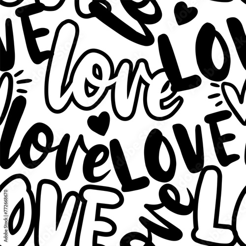 Abstract seamless chaotic pattern with words 'love' and hearts. Grunge black and white background. Wallpaper for girls. 