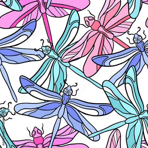 Abstract seamless pattern for girls with colourful butterfly. Fashion illustration in modern style. Girlish print with bright dragonfly