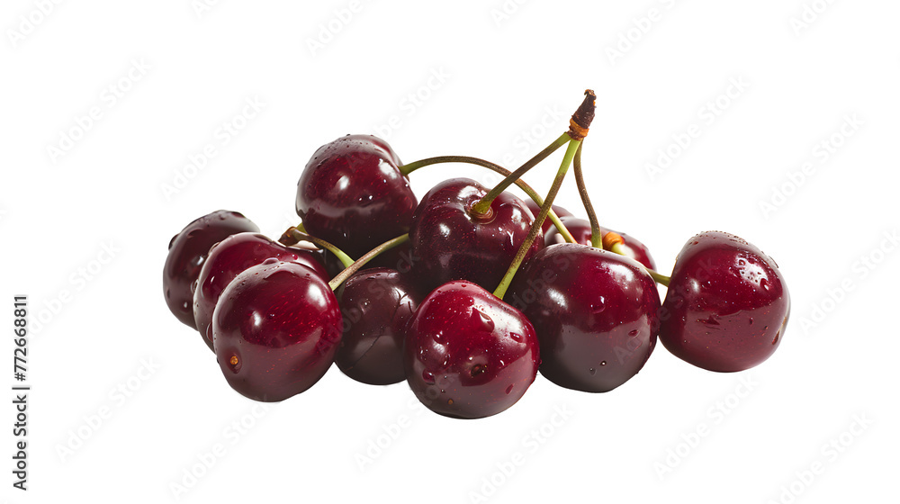 Handful Of Vibrant Red Cherries, Their Glossy Skins Reflecting the Light, Promising A Burst of Tartness and Sweetness in Every Bite Handful Of Vibrant Red Cherries, Their Glossy Skins Reflecting the Light, Promising A Burst of Tartness and Sweetness in Every Bite