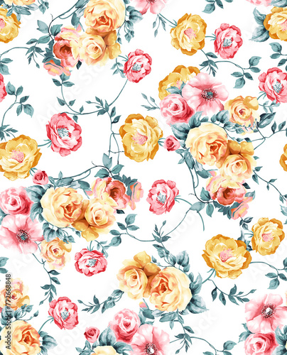 seamless watercolor flower pattern on white background