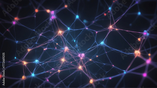 Vibrant abstract network of lights offering a futuristic feel. Abstract neural network concept with glowing nodes and connections detailed © rodrigo