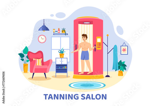 Tanning Salon Vector Illustration of Bed Procedure to Get Exotic Skin with Modern Technology at the Spa Solarium in Flat Cartoon Background