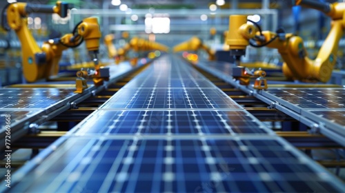 A labyrinth of conveyor belts and robotic arms seamlessly transporting completed solar panels to a storage area. . .