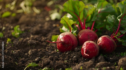 Fresh unwashed beets on the ground. Group of three beets with green leaves on the background of the earth close-up.