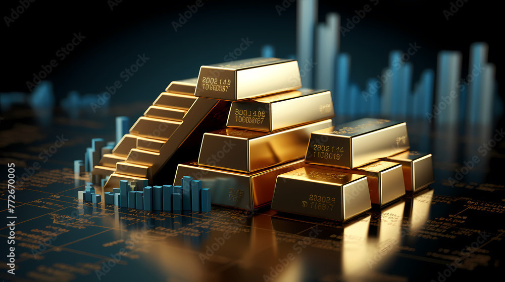 Gold bars sitting on blue bar chart, stock market and finance concept Gold bars sitting on blue bar chart, stock market and finance concept