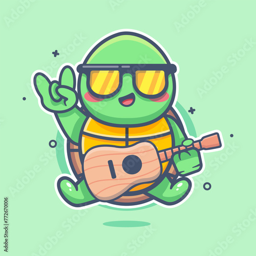 cool turtle animal character mascot playing guitar isolated cartoon