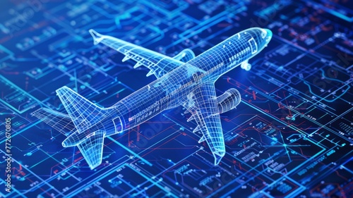 Digital blueprint of airplane in cyberspace - An intricate digital design of an airplane over a cyber blue background suggesting high-tech innovation and aerospace industry advancements © Tida