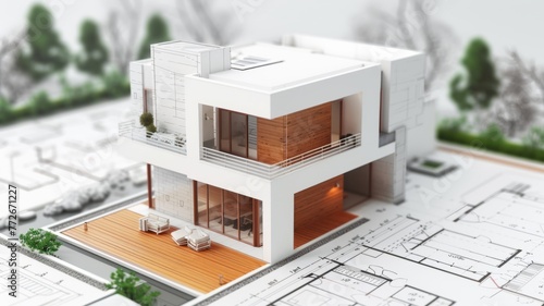 Miniature house model with architectural blueprints - A modern white miniature house model sits on detailed architectural plans, illustrating precision and design