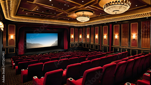 empty cinema auditorium with gorgeous interior design, AI generated