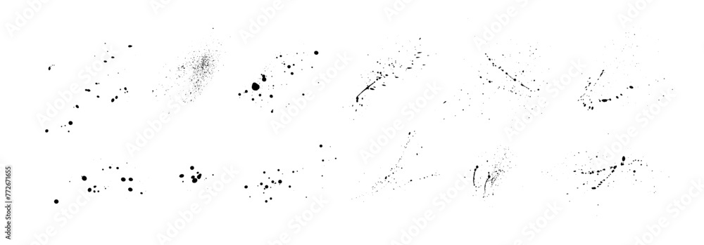 Set of splattered vector black paint blots and drops. Hand drawn ink drops and splashes. Liquid paint drips and ink splatter.