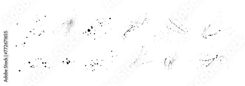 Set of splattered vector black paint blots and drops. Hand drawn ink drops and splashes. Liquid paint drips and ink splatter.