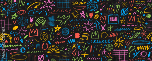 Colorful charcoal doodle punk and girly shapes seamless pattern. Hand drawn abstract scribbles and squiggles.