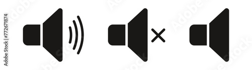 speaker, sound, volume icon set , low and hight level volume speaker icon. voice, audio, silent, mute icons in flat style for media player app and website photo