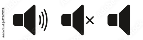 speaker, sound, volume icon set , low and hight level volume speaker icon. voice, audio, silent, mute icons in flat style for media player app and website
